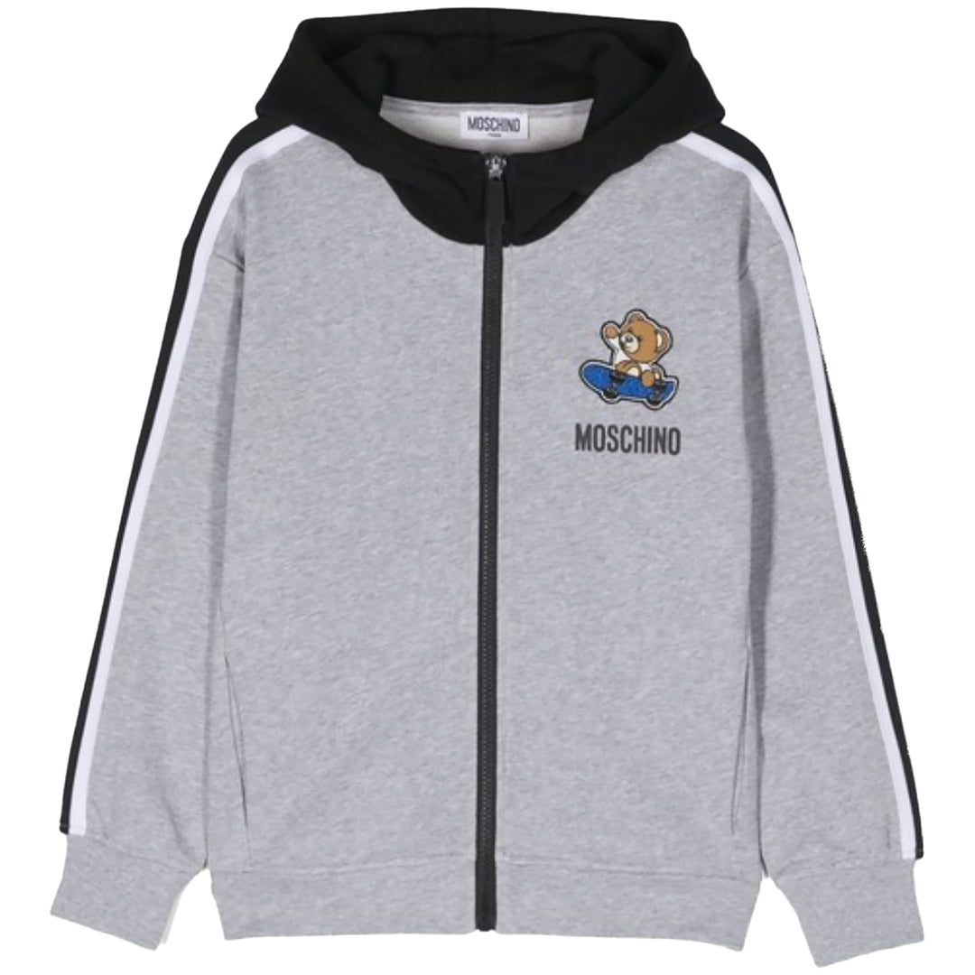 Moschino Kids Zip Hooded Front Chest Logo Teddy Bear Grey