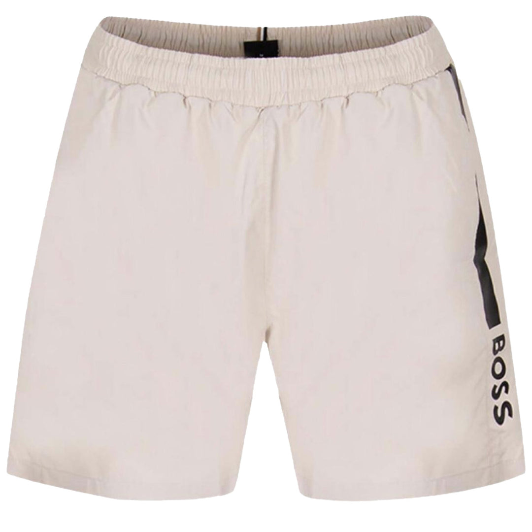 Boss Fully Lined Swim Shorts With Logo Print - Beige