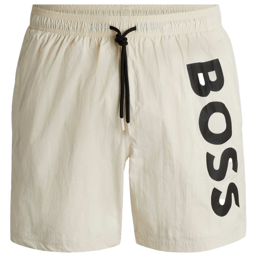 Boss Vertical-Logo-Print Swim Shorts - Beige
