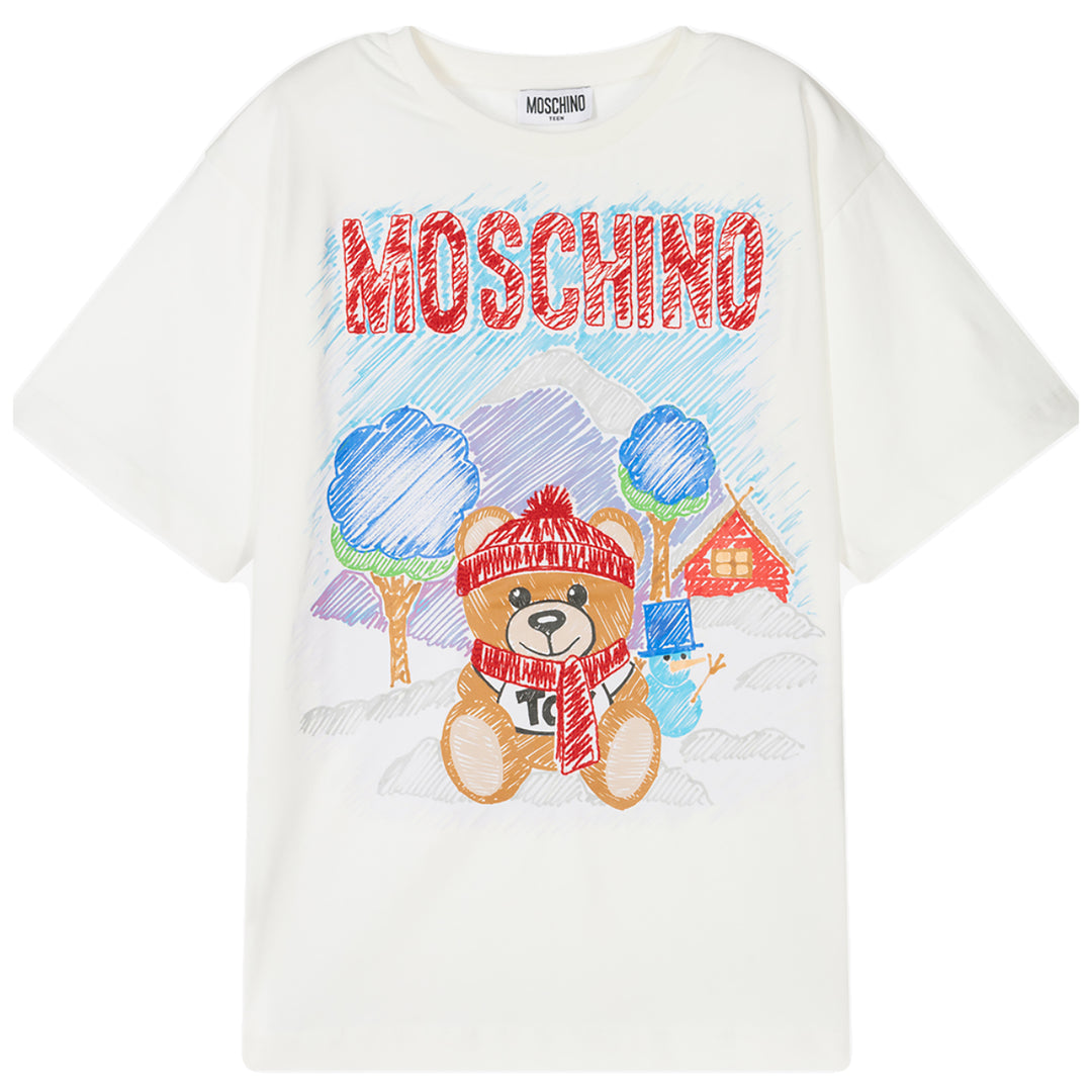 MOSCHINO KID-TEEN BRUSHSTROKE TEDDY BEAR MAXI T-SHIRT WHITE