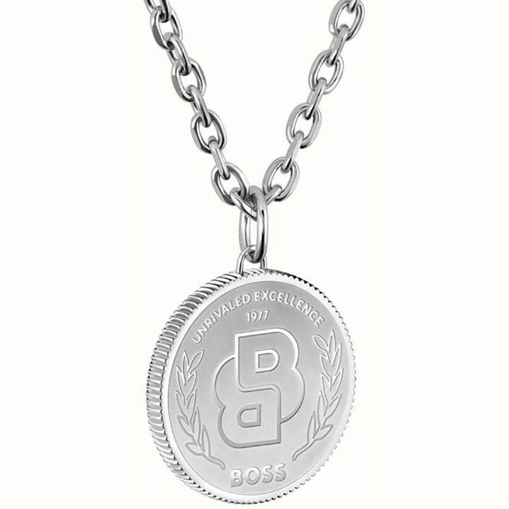 BOSS Jewellery Men's Double B Coin Necklace Stainless Steel