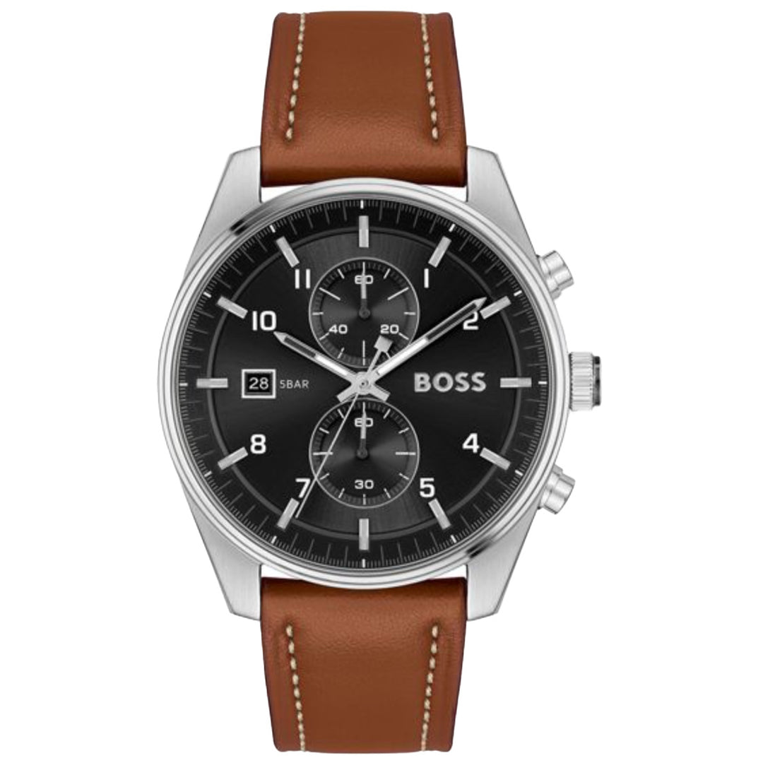BOSS Men's Skytraveller Black Dial Brown Leather Strap 44mm Watch