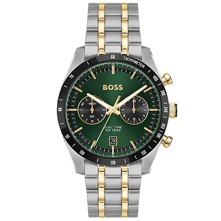 BOSS TOURMASTER Dual-Time (41mm) Green Dial / Two-Tone Stainless Steel Bracelet