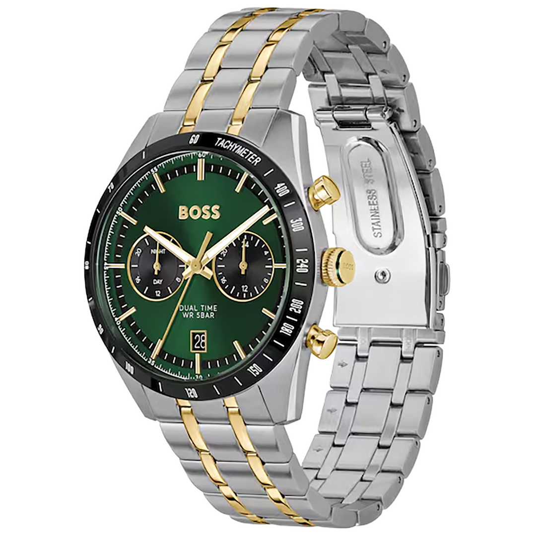 BOSS TOURMASTER Dual-Time (41mm) Green Dial / Two-Tone Stainless Steel Bracelet