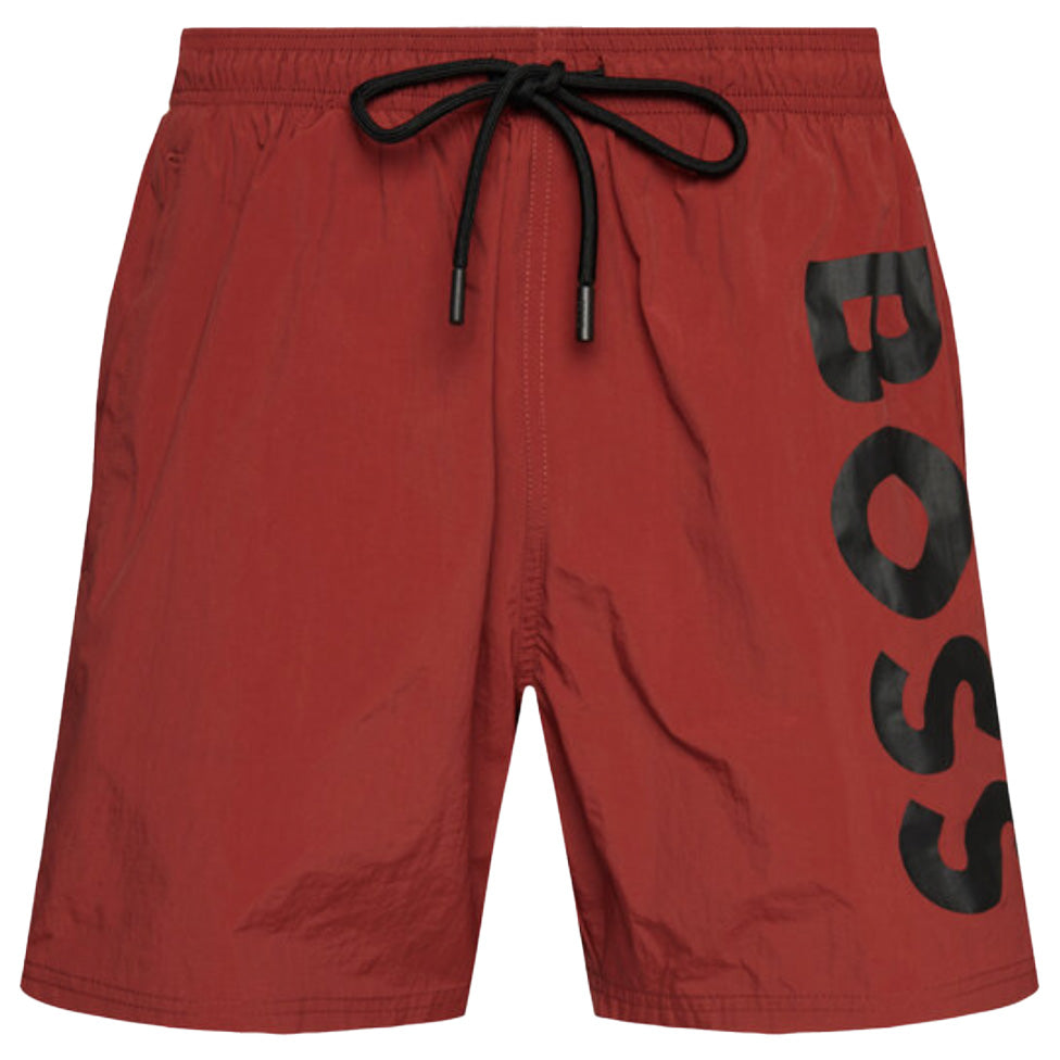 Boss Vertical-Logo-Print Swim Shorts - Red