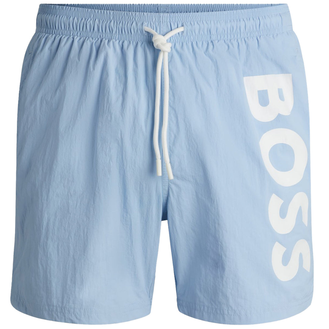 Boss Vertical-Logo-Print Swim Shorts - Sky Blue