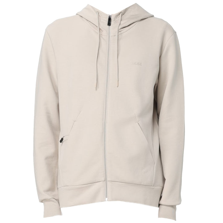 Boss Stretch-Cotton Zip-Up Hoodie With Logo Print - Beige