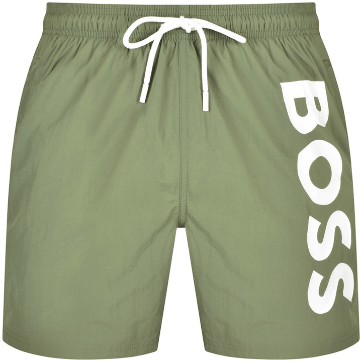 Boss Vertical-Logo-Print Swim Shorts - Khaki