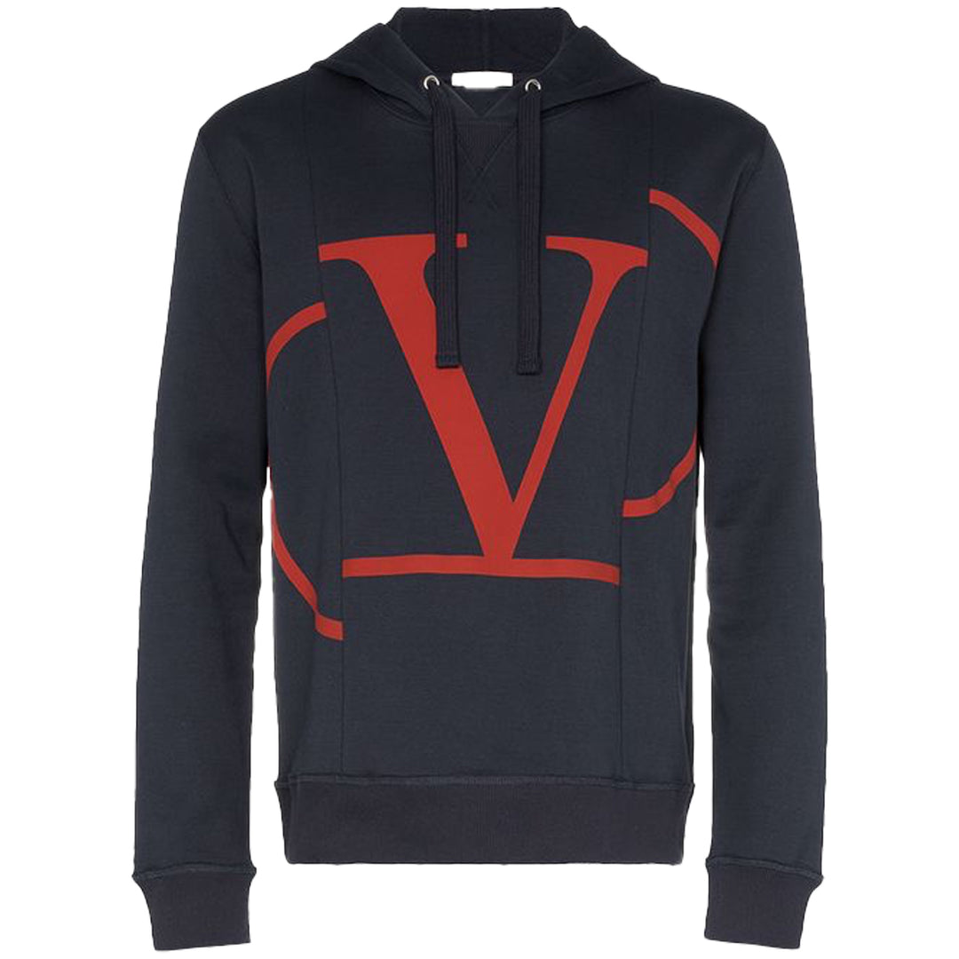 Valentino V Logo Print Hoodie Navy
